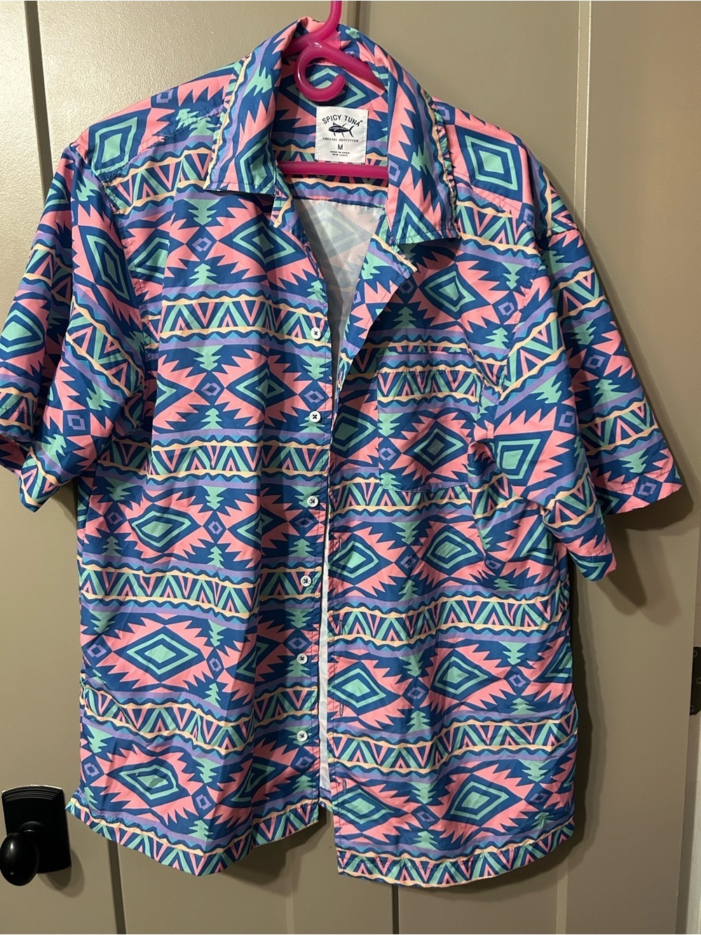 Spicy Tuna Men's Short-Sleeve Button-Down Shirt in Pink & Blue Aztec